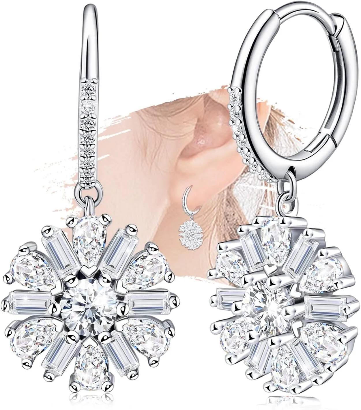 Sterling Silver Dangle Hoop CZ Earrings Charms Hypoallergenic Fashion Dainty Drop Hoop Jewelry with Cubic Zirconia Birthday Gift for Women