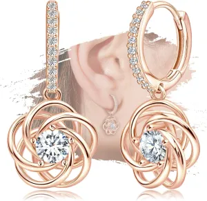 Sterling Silver Dangle Hoop Earrings Charms Flower Hypoallergenic Fashion Rose Gold Plated Jewelry Dainty Birthday Gift for Women