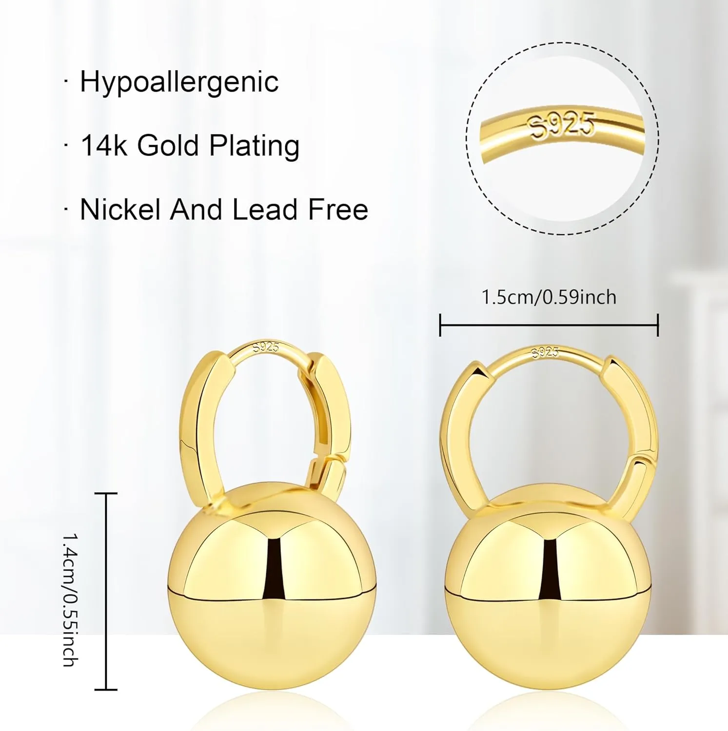 Sterling Silver Drop Ball Earrings for Women Girls Leverback Dangle Drop Earrings Fashion Hypoallergenic Jewelry