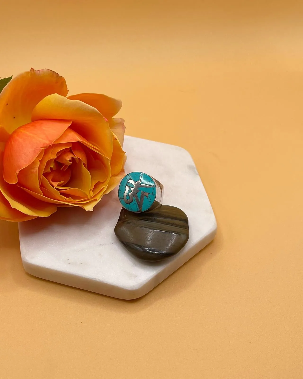 Sterling Silver Genuine Gemstone Tibetan Symbols Ring
