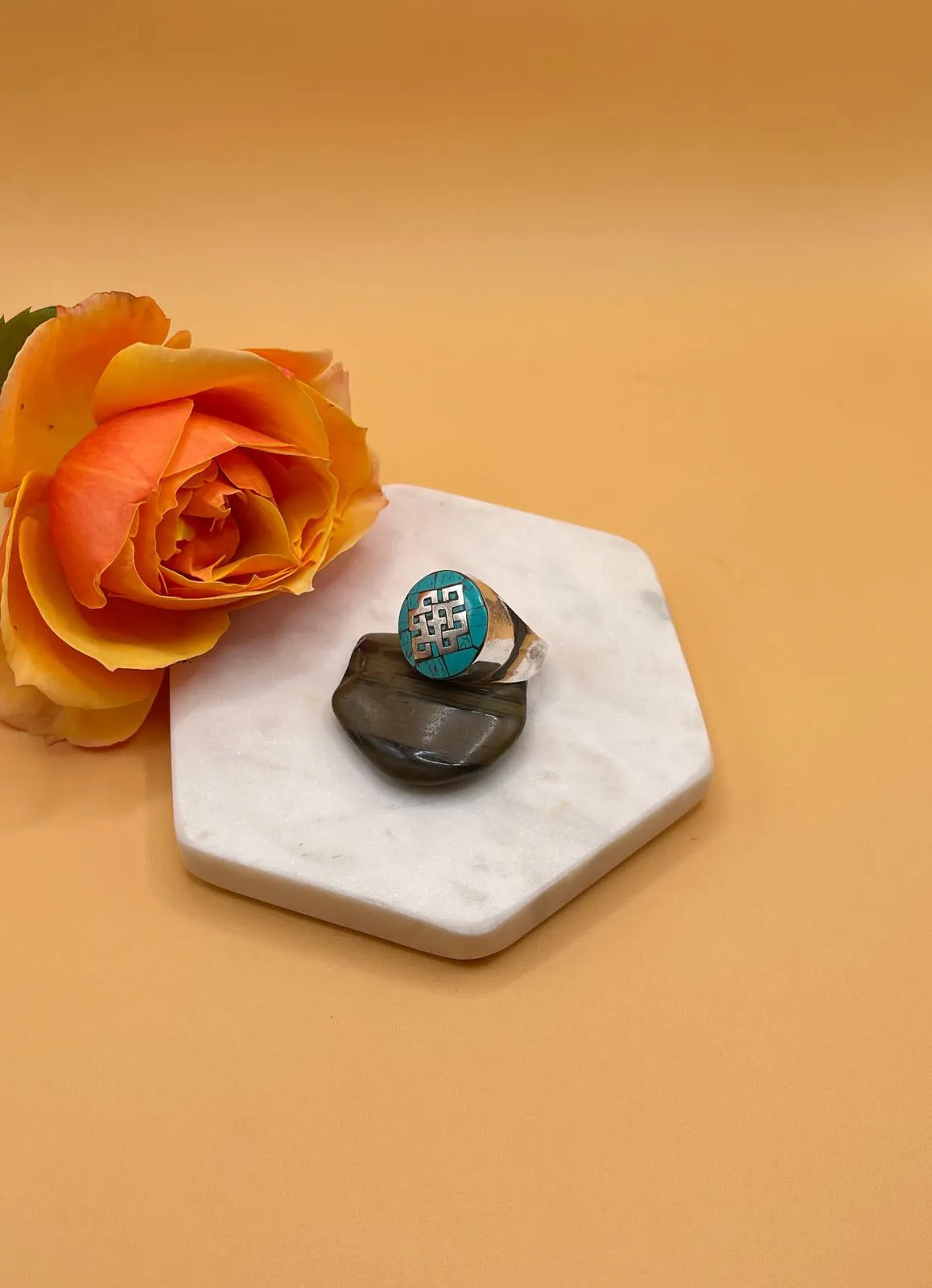 Sterling Silver Genuine Gemstone Tibetan Symbols Ring