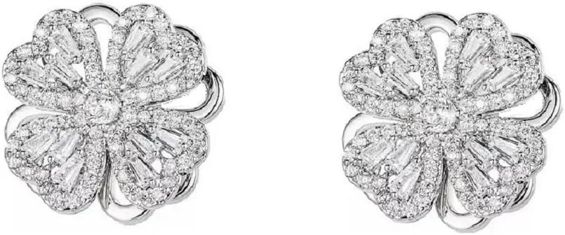 Sterling Silver Heart Shaped and Lucky Transfer 360rotating Zircon Crystal Four-leaf Clover Studs Earrings