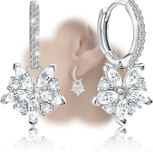 Sterling Silver Hoop Flower Earrings Charms CZ Dangle Drop Hypoallergenic Fashion Jewelry Dainty Birthday Gift for Women