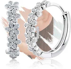 Sterling Silver Huggie Hoop Flower Earrings White Gold Hypoallergenic Cartilage Fashion Jewelry Dainty Charms Birthday Gift for Women