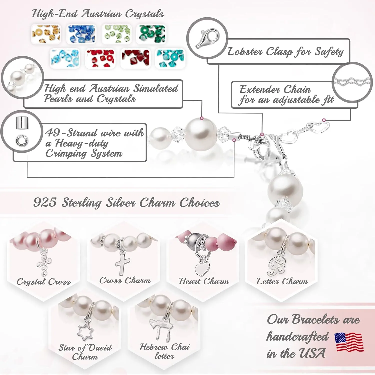 Sterling Silver Initial Charm Personalized Birthstone Bracelets for Girls, Baby Girl, Birthday Gifts for, Newborn, infant, Toddler, Teen, Pearl Bracelet, Birthstone Jewelry Crystals