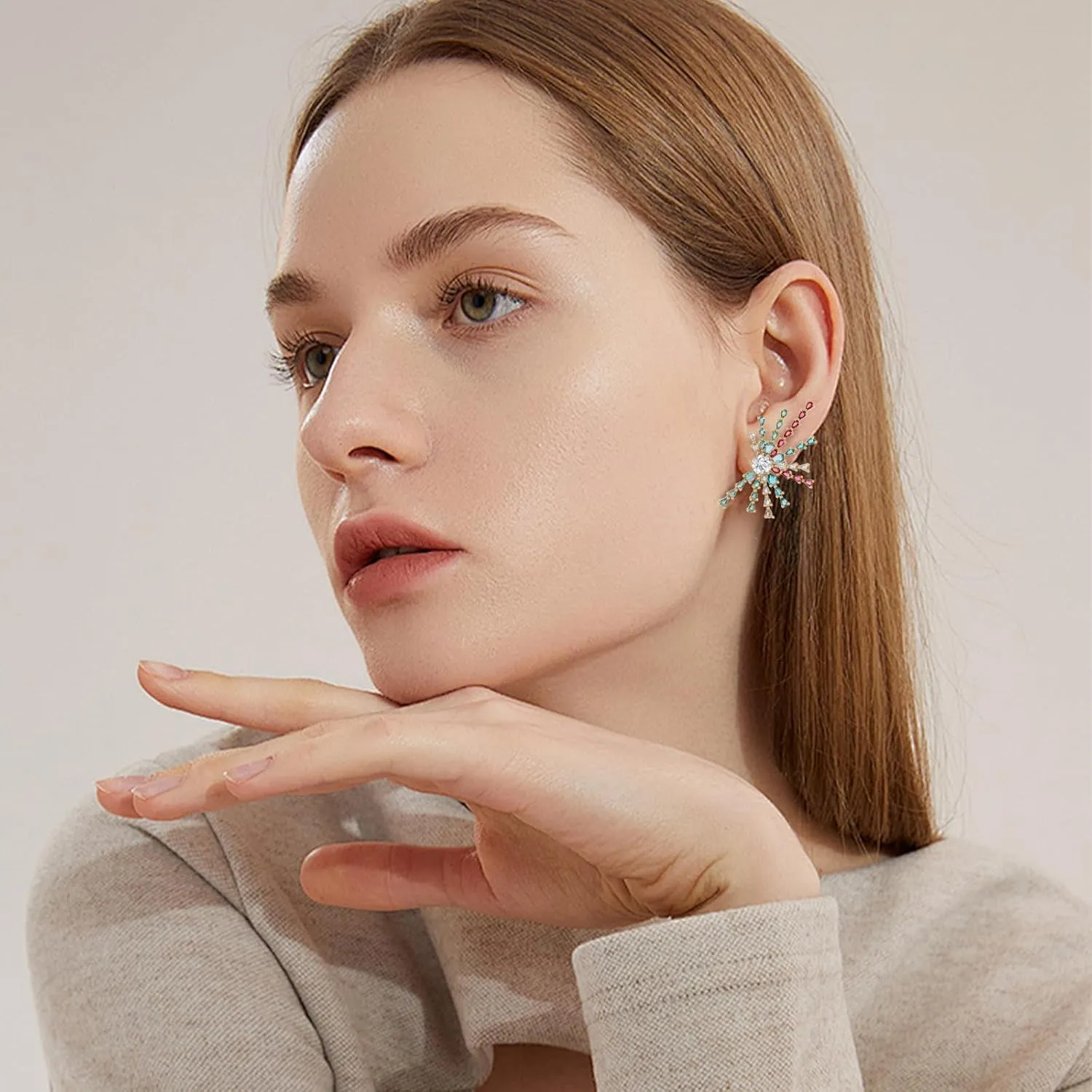 Sterling Silver Irregular Crystal Stud Earrings for Women Firework Cubic Zirconia Rhinestone Hypoallergenic Statement Earrings for Wife Mom Her