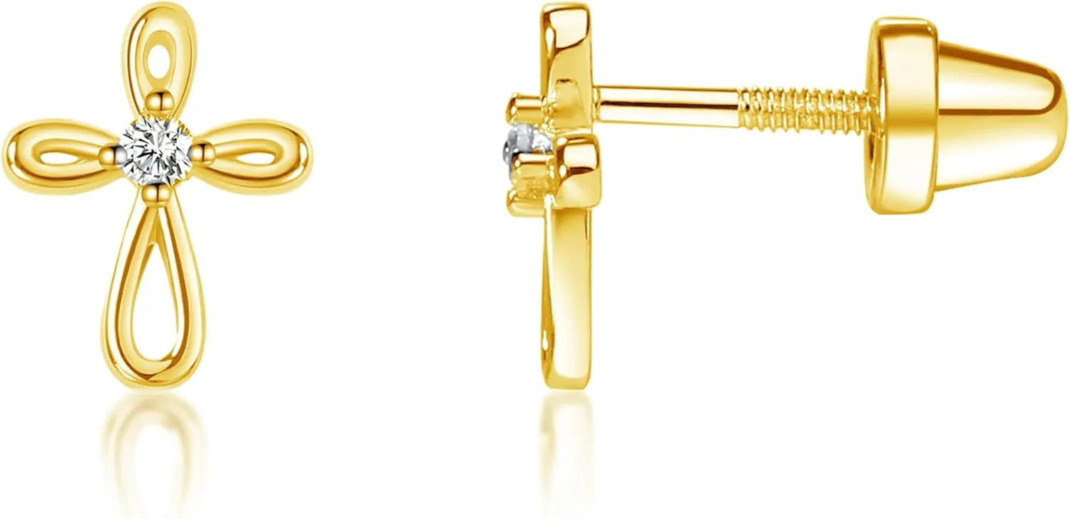 Sterling Silver or 14K Gold Plated Baptism Earrings for Girls (Screw Back)
