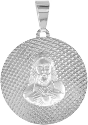 Sterling Silver Sacred Heart of Jesus Medal Pendant for Men and Women Sparkling Diamond cut Aureola Background 1 inch Round
