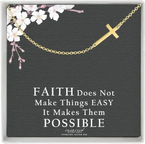 Sterling Silver Sideways Cross Necklace with Adjustable Rolo Chain and Faith Keepsake Card Gift For Women