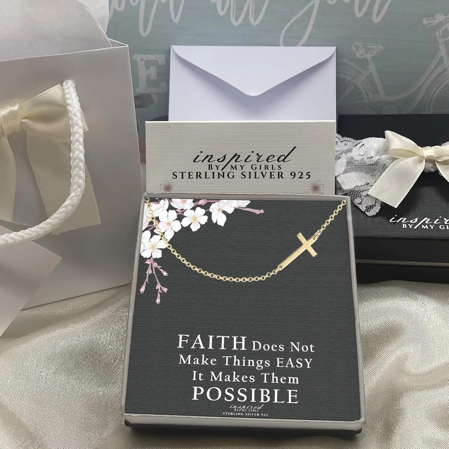 Sterling Silver Sideways Cross Necklace with Adjustable Rolo Chain and Faith Keepsake Card Gift For Women