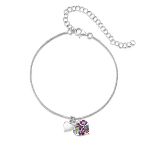 Sterling silver snake anklet or bracelet for large wrist, Heart - Purple haze