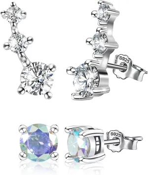 Sterling Silver Stud Earrings for Women White Gold Plated Hypoallergenic Charms Earring Dainty Jewelry with 3 Cubic Zirconia Fashion Birthday Gift for Women