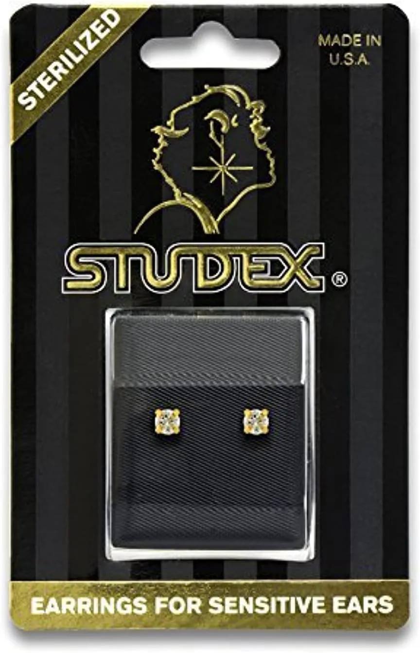 STUDEX Sensitive Cubic Zirconia Stud Earrings 4mm | Hypoallergenic and Nickel Safe for Sensitive Ears | Gold Plated Posts | High Fashion Earrings for Women and Men-PR-742-S