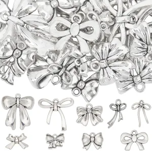 SUNNYCLUE 1 Box 54Pcs 9 Styles Bow Charms Alloy Silver Bowknot Charm Bulk Cute Metal Little Silvery Bowknots Charms for Jewelry Making Charms DIY Crafts Necklace Bracelet Earring Beginners Gifts Women