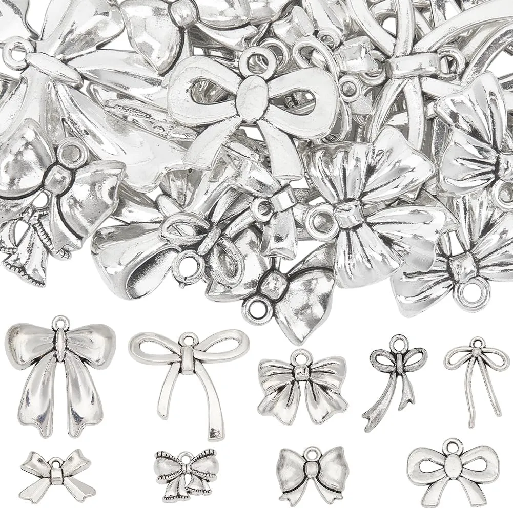 SUNNYCLUE 1 Box 54Pcs 9 Styles Bow Charms Alloy Silver Bowknot Charm Bulk Cute Metal Little Silvery Bowknots Charms for Jewelry Making Charms DIY Crafts Necklace Bracelet Earring Beginners Gifts Women