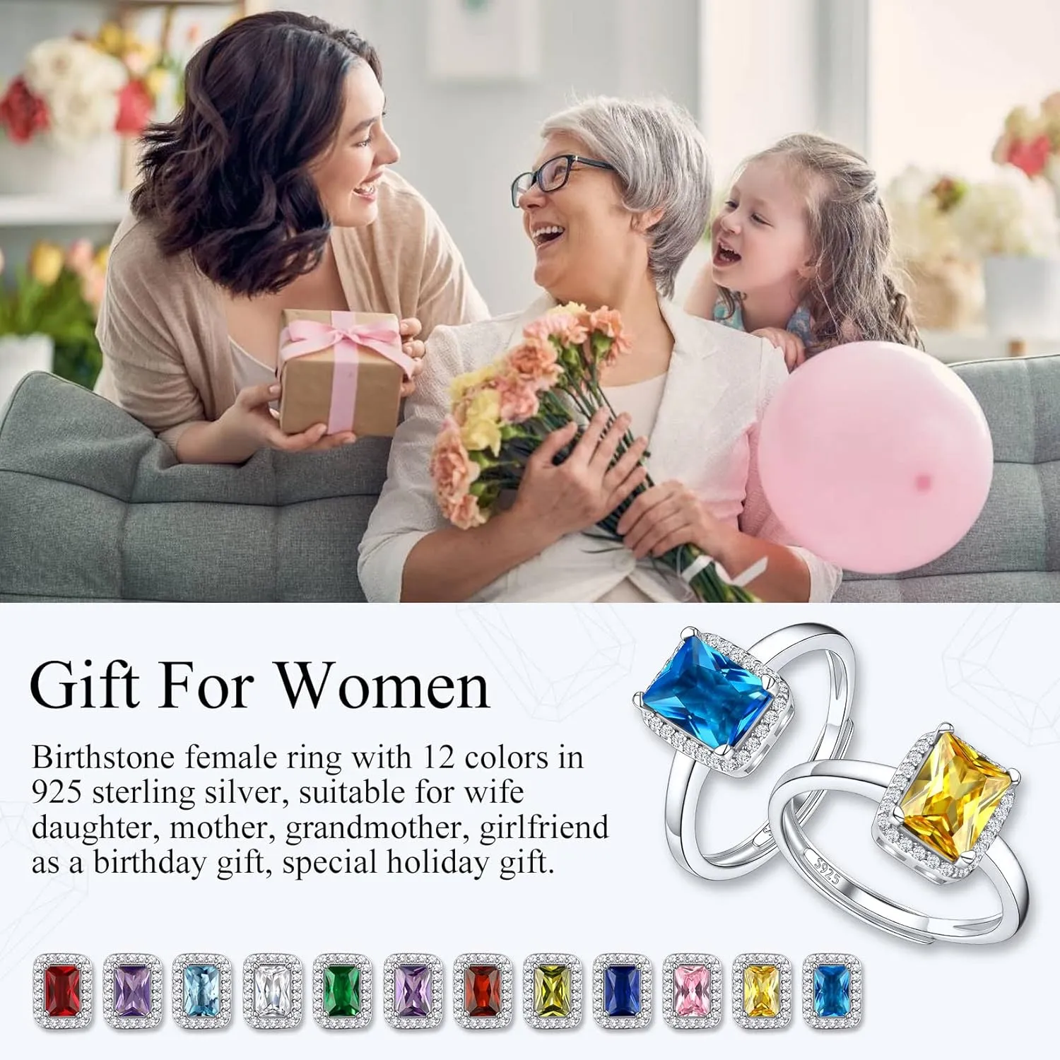 Suplight 925 Sterling Silver Round Shape/Heart/Square/Pear Shape Halo Birthstone Ring, Sparkling Solitaire Engagement Wedding Rings for Women (with Gift Box)