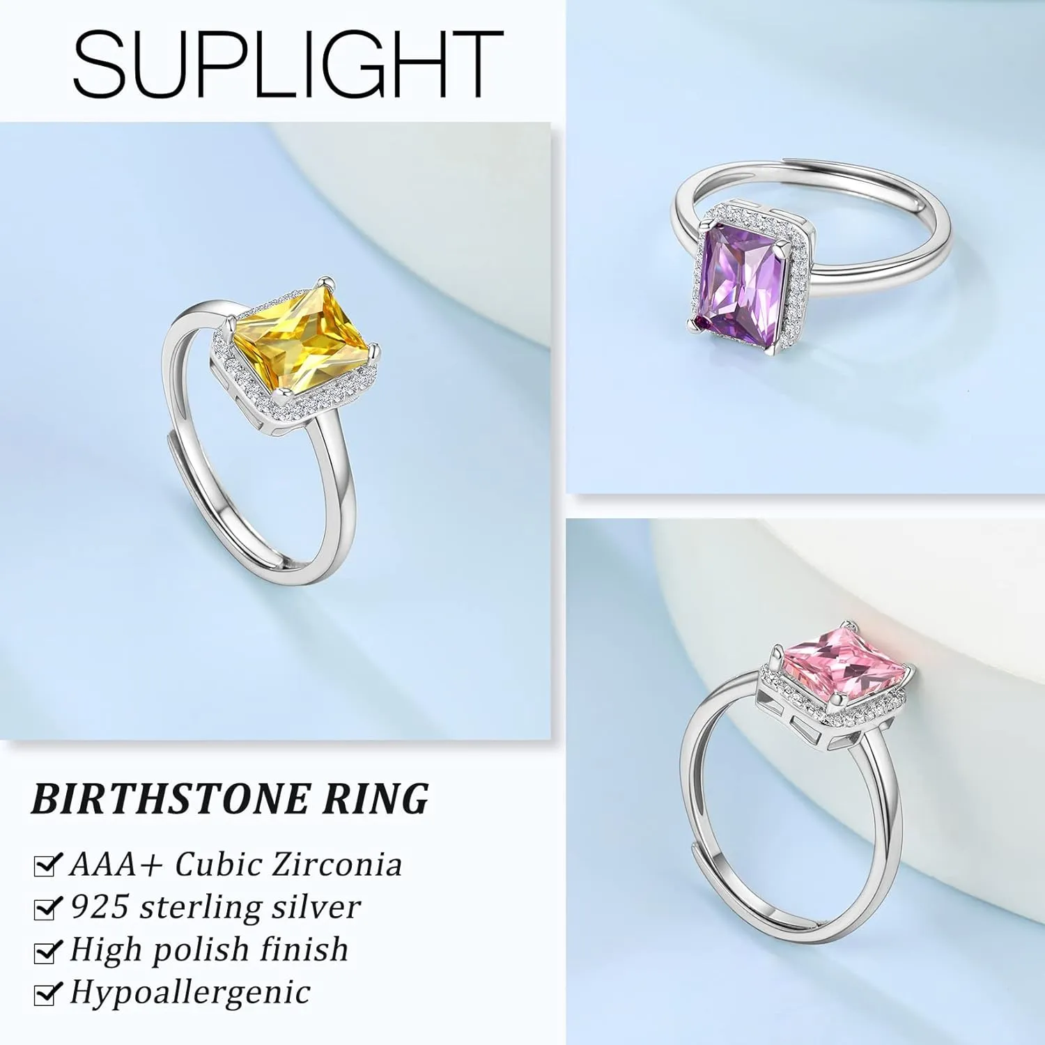 Suplight 925 Sterling Silver Round Shape/Heart/Square/Pear Shape Halo Birthstone Ring, Sparkling Solitaire Engagement Wedding Rings for Women (with Gift Box)