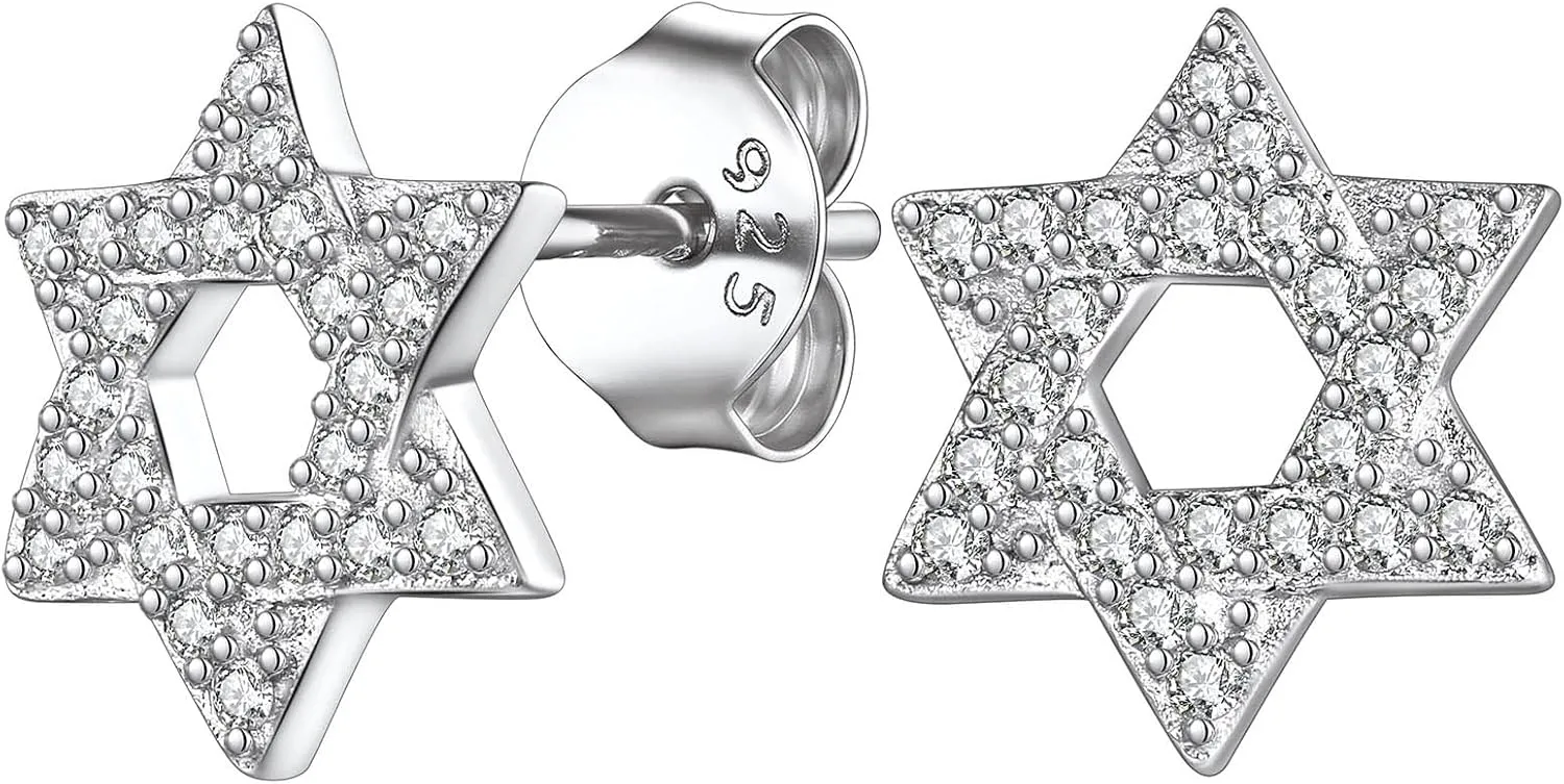 Suplight Star of Daivd Earrings, 925 Sterling Silver/Black Plated Cubic Zirconia Six-Pointed Star Stud Earrings for Men Women (with Gift Box)