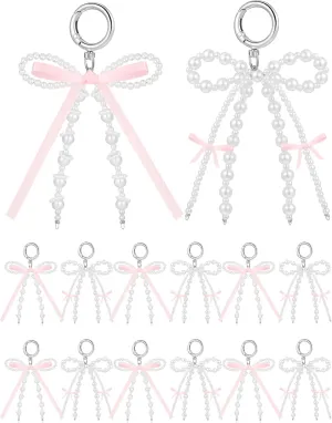 Sureio 12 Pcs Cute Bow Keychain for Women Pearl Bow Keychain Bowknot Beaded Keyring for Purse Backpack Purse Bow Car Key Chain for Women