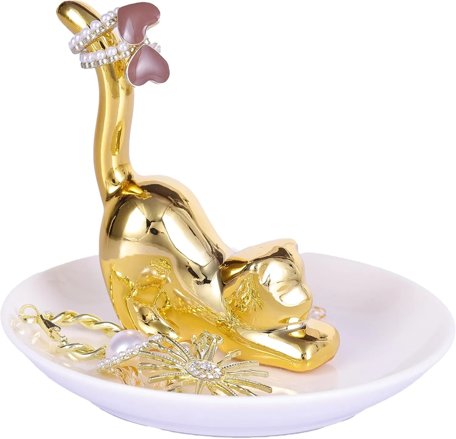 suruim Gold Cat Ring Holder Dish, Cat Jewelry Organizer for Rings, Earrings, Bracelets, Cute Cat Lover Gift for Women, Jewelry Tray Cat Themed Gifts for Mom, Girls, Friends, and Valentine's Day (Cat)