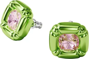 SWAROVSKI Dulcis Pierced Stud Earrings, Pink Precision-Cut Crystals on Glossy Bright Green Setting, Part of the Swarovski Dulcis Collection