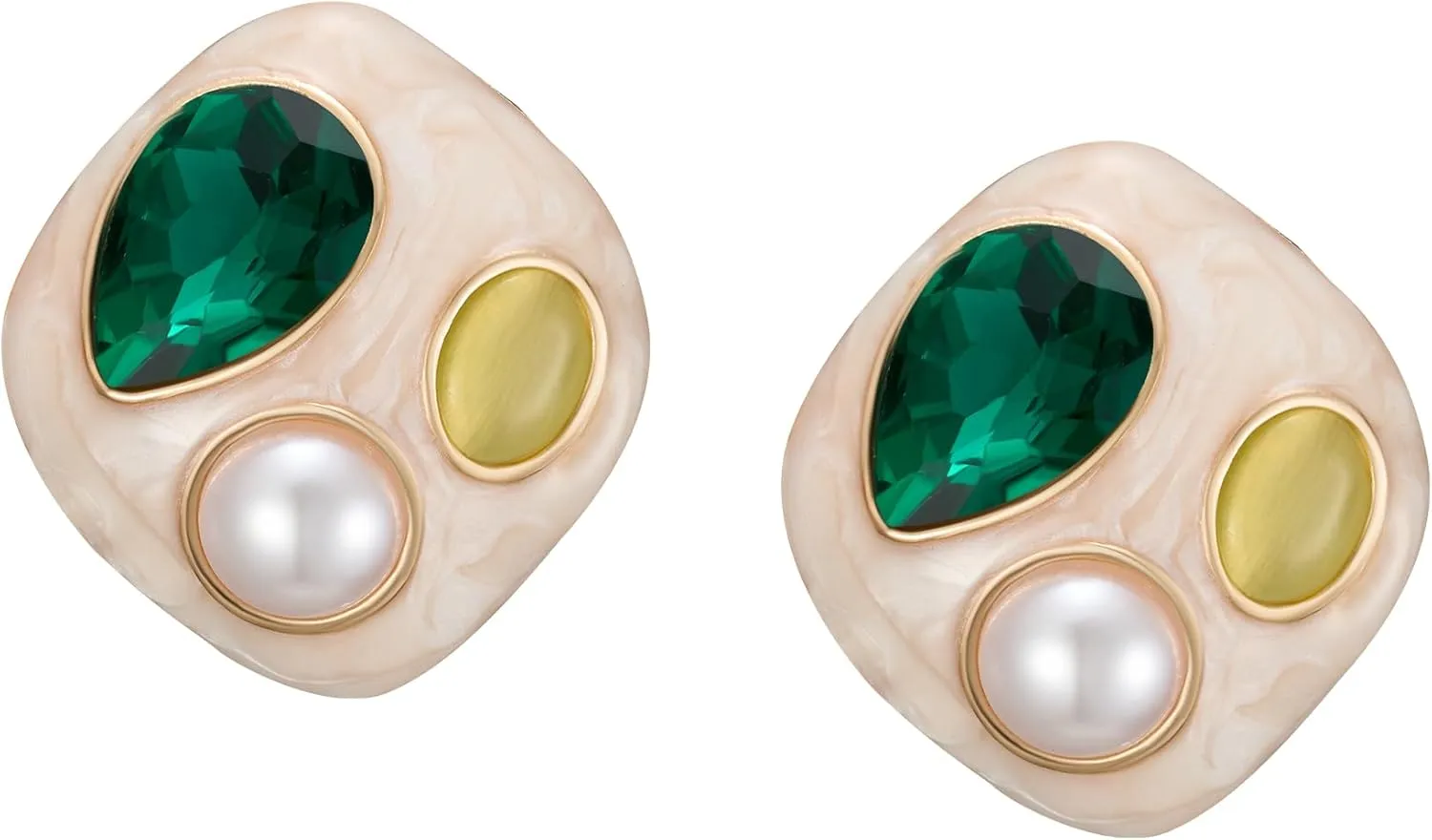 SWEETV Vintage Gold Statement Stud Earrings for Women Trendy, Antique Enamel Chunky Pearl Earrings, Big Crystal Earrings for Fashion Prom Jewelry Gifts