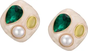 SWEETV Vintage Gold Statement Stud Earrings for Women Trendy, Antique Enamel Chunky Pearl Earrings, Big Crystal Earrings for Fashion Prom Jewelry Gifts