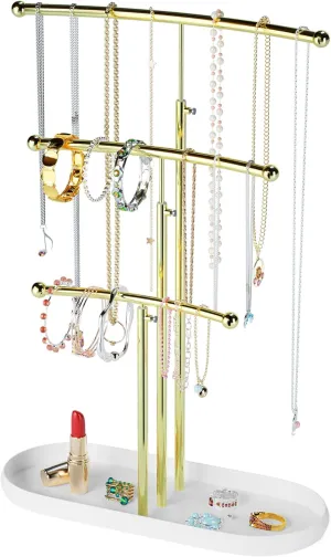 SZQINJI Jewelry Stand Organizer, Metal Jewelry Tree Holder 3-Tier Jewelry Storage Tower for Necklace Display, Bracelet Hanging Gold White Christmas Gift