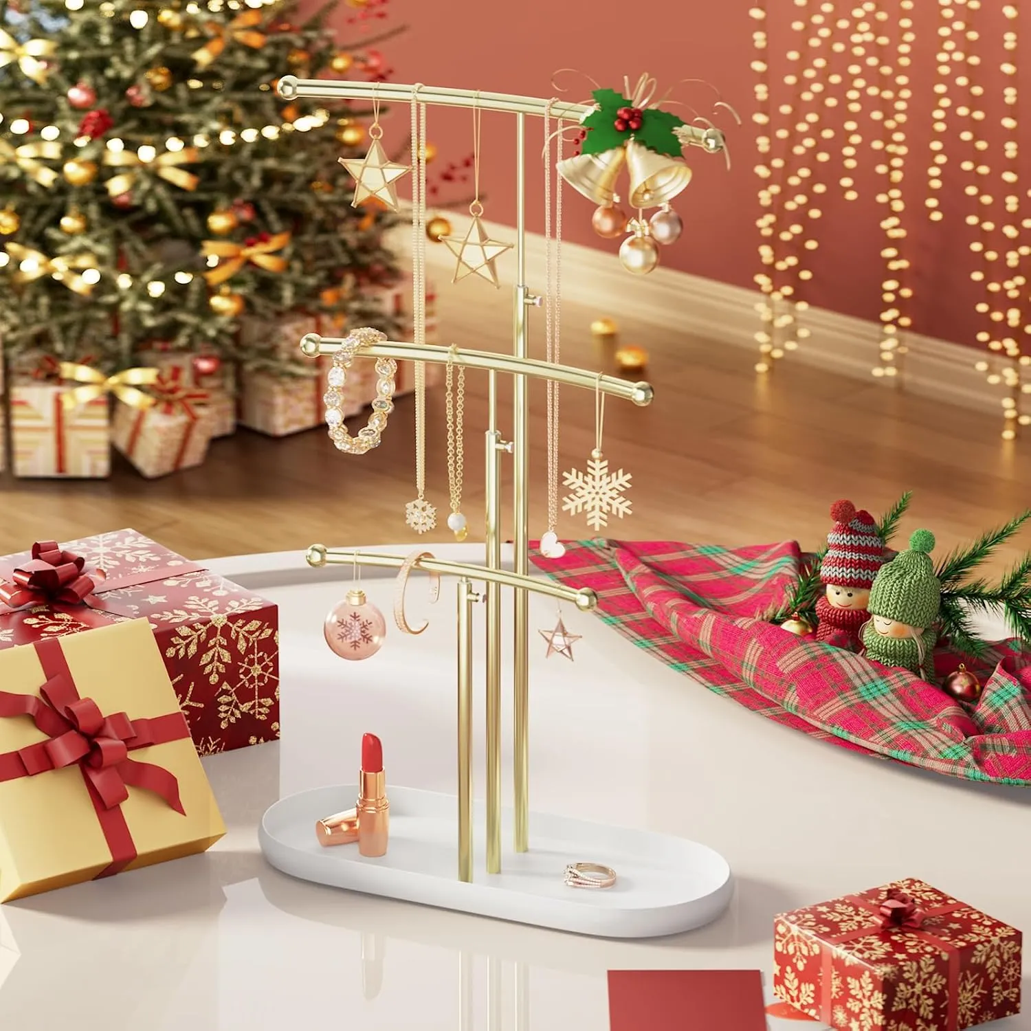 SZQINJI Jewelry Stand Organizer, Metal Jewelry Tree Holder 3-Tier Jewelry Storage Tower for Necklace Display, Bracelet Hanging Gold White Christmas Gift