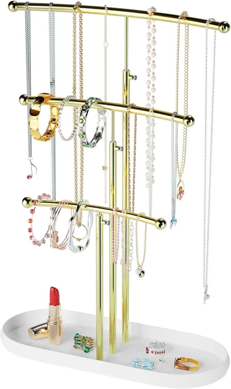 SZQINJI Jewelry Stand Organizer, Metal Jewelry Tree Holder 3-Tier Jewelry Storage Tower for Necklace Display, Bracelet Hanging Gold White Christmas Gift