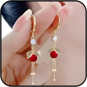 Tassel Earrings For Women, Gold Hoop Red Beaded Moissanite Leaf Dangle Earring 14K Gold Plated Trendy Hypoallergenic Earring New Year Anniversary Birthday Jewelry Gift