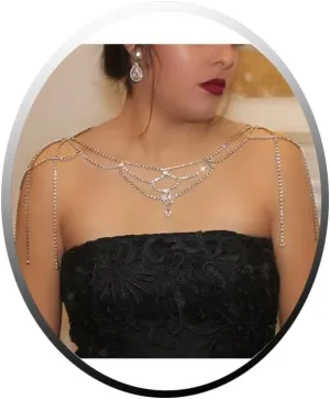 Tassel Silver Rhinestone Shoulder Chain Necklace for Wedding Dress, Sparkling Jewelry Bridal Crystal Body Chain for Women Party Club Night