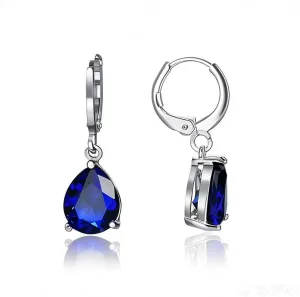Teardrop Sapphire Earrings for Women Sterling Silver Royal Blue Dangle Hoops Hypoallergenic Leverback Jewelry Gift