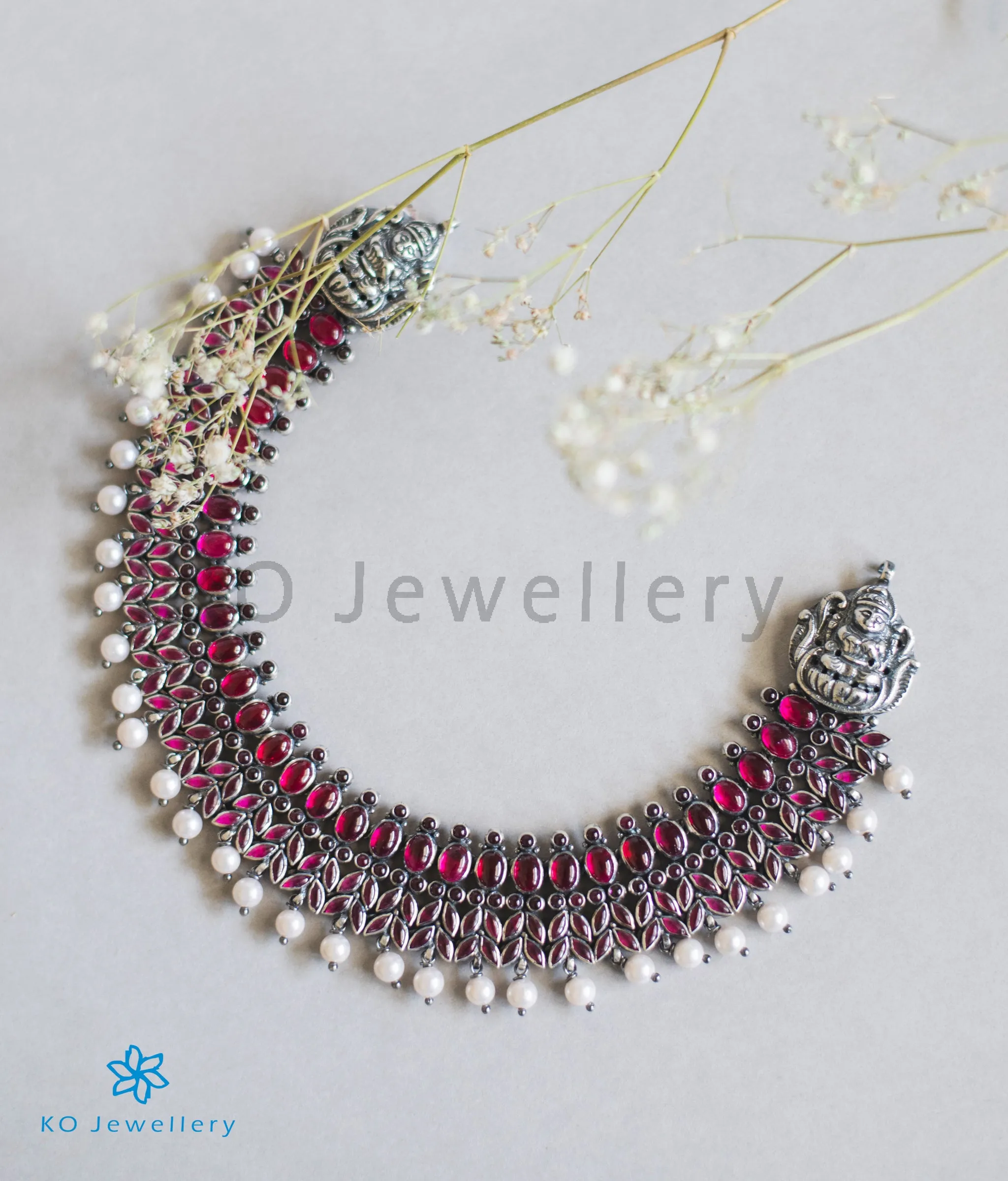 The Ahalya Silver Kempu Necklace (Oxidised)