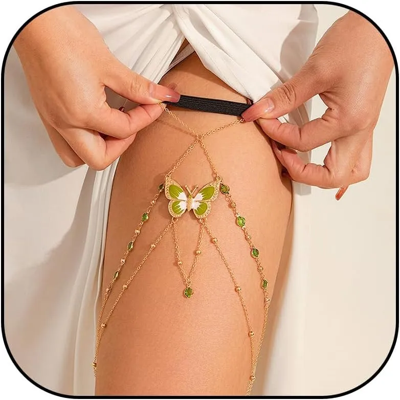 Thigh Chain Jewelry for Women Boho Leg Chain Crystal Heart Snake Butterfly Thigh Chain Sparkling Rhinestone Body Chain Jewelry Leg Garter Harness Accessories