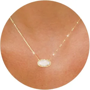 TLY Gold Necklace for Women 14k Gold Plated Non Tarnish Dainty Gemstone Crystal Oval Pendant Necklace Rose Quartz Druzy Stone Choker Necklace Birthday Wedding Everday Jewelry Gifts for Mom