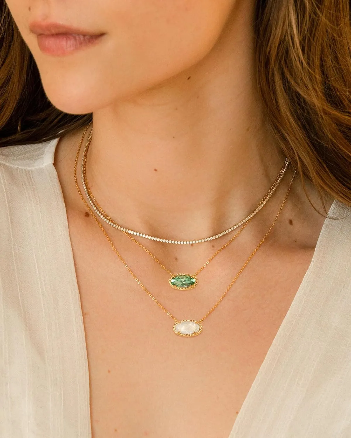TLY Gold Necklace for Women 14k Gold Plated Non Tarnish Dainty Gemstone Crystal Oval Pendant Necklace Rose Quartz Druzy Stone Choker Necklace Birthday Wedding Everday Jewelry Gifts for Mom