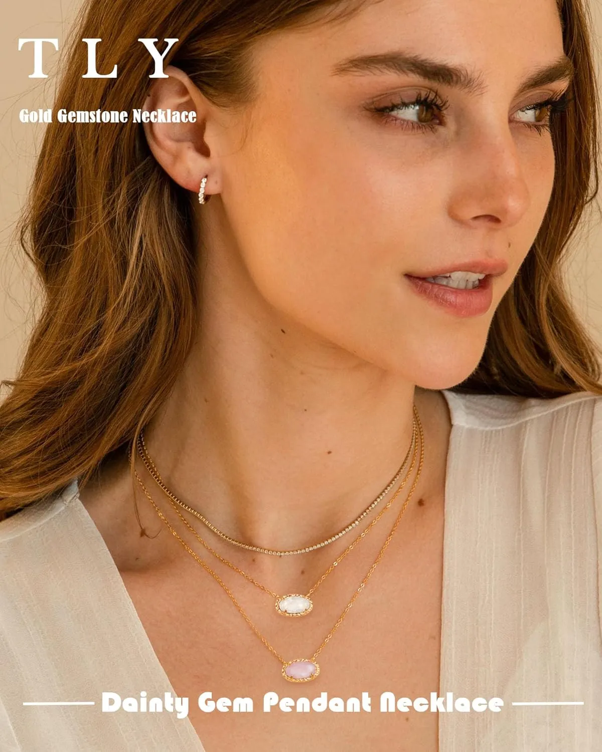 TLY Gold Necklace for Women 14k Gold Plated Non Tarnish Dainty Gemstone Crystal Oval Pendant Necklace Rose Quartz Druzy Stone Choker Necklace Birthday Wedding Everday Jewelry Gifts for Mom