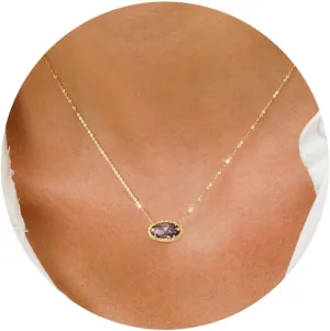 TLY Gold Necklace for Women 14k Gold Plated Non Tarnish Dainty Gemstone Crystal Oval Pendant Necklace Rose Quartz Druzy Stone Choker Necklace Birthday Wedding Everday Jewelry Gifts for Mom