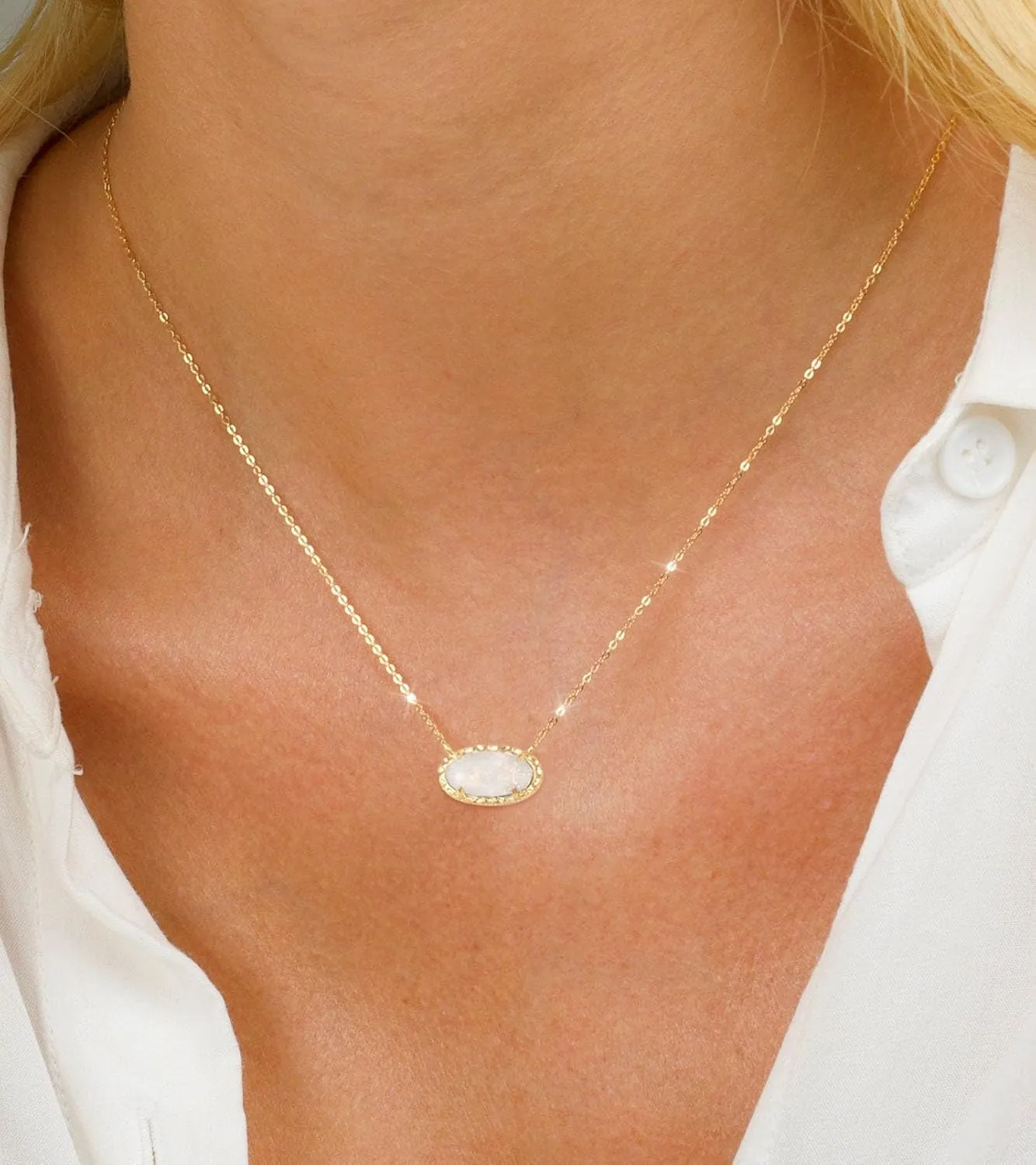 TLY Gold Necklace for Women 14k Gold Plated Non Tarnish Dainty Gemstone Crystal Oval Pendant Necklace Rose Quartz Druzy Stone Choker Necklace Birthday Wedding Everday Jewelry Gifts for Mom