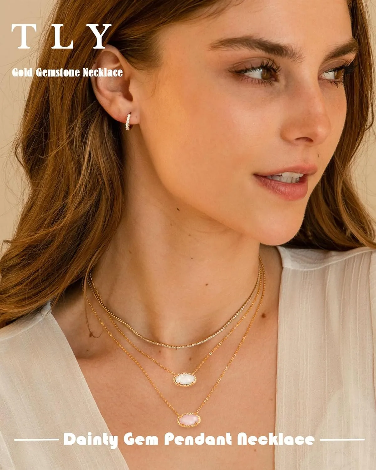TLY Gold Necklace for Women 14k Gold Plated Non Tarnish Dainty Gemstone Crystal Oval Pendant Necklace Rose Quartz Druzy Stone Choker Necklace Birthday Wedding Everday Jewelry Gifts for Mom