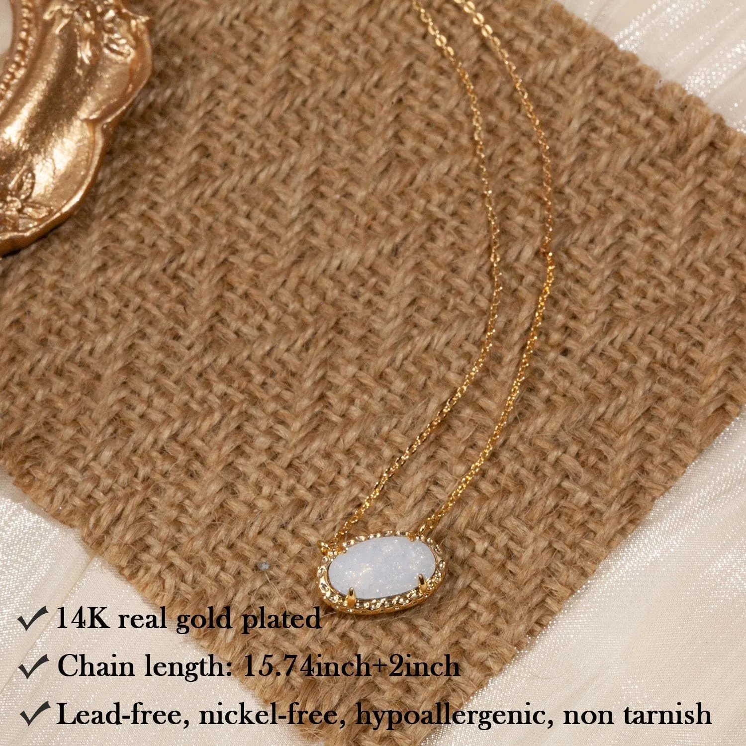 TLY Gold Necklace for Women 14k Gold Plated Non Tarnish Dainty Gemstone Crystal Oval Pendant Necklace Rose Quartz Druzy Stone Choker Necklace Birthday Wedding Everday Jewelry Gifts for Mom