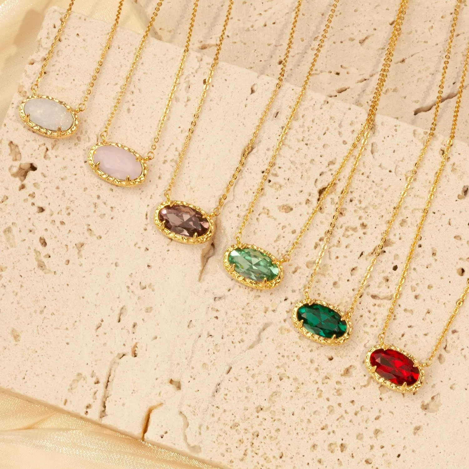 TLY Gold Necklace for Women 14k Gold Plated Non Tarnish Dainty Gemstone Crystal Oval Pendant Necklace Rose Quartz Druzy Stone Choker Necklace Birthday Wedding Everday Jewelry Gifts for Mom