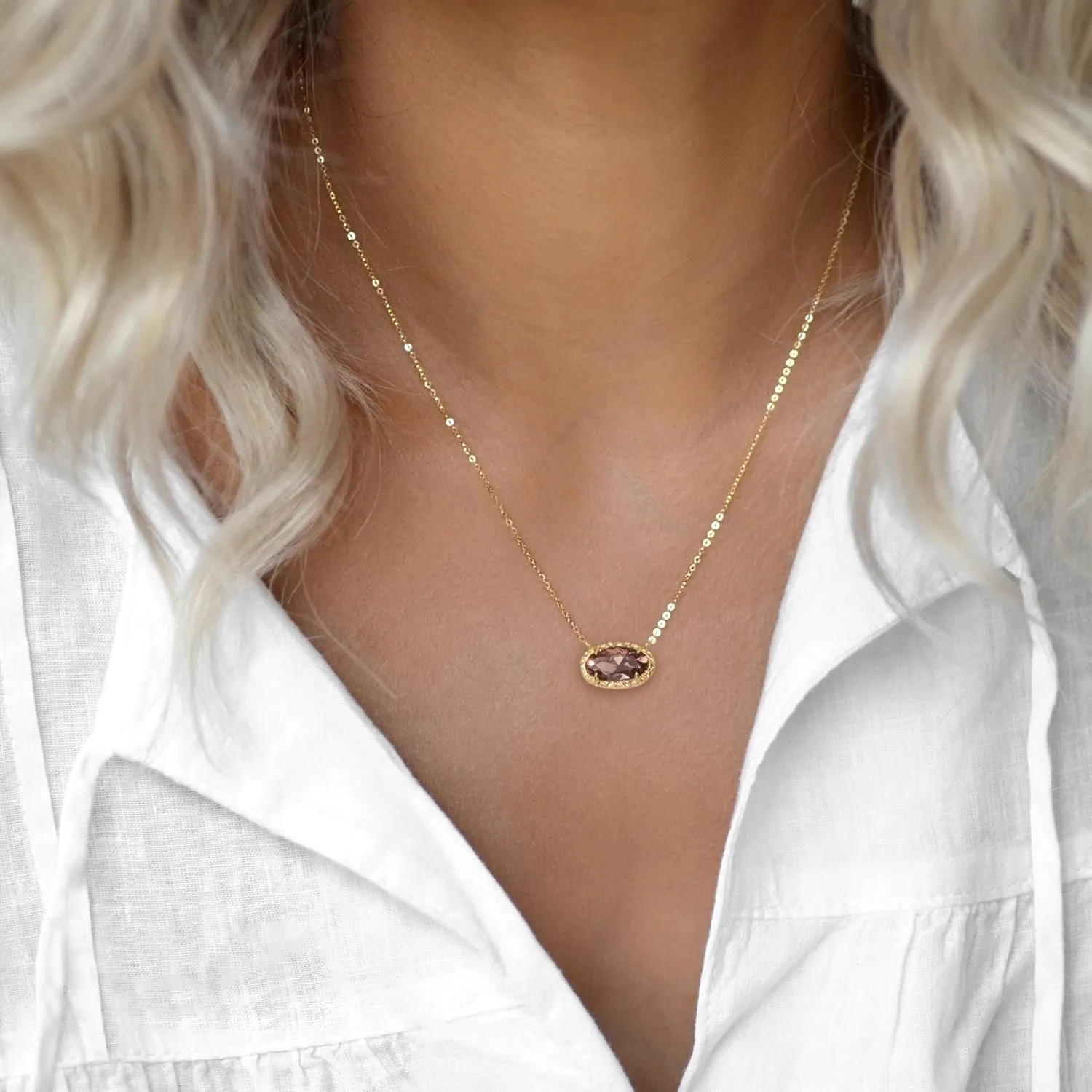 TLY Gold Necklace for Women Non Tarnish 14k Gold Plated Dainty Preppy Pendant Necklace Oval Gemstone Crystal Druzy Stone Rose Quartz Choker Necklace Birthday Wedding Everday Birthstone Jewelry Gifts for Mom