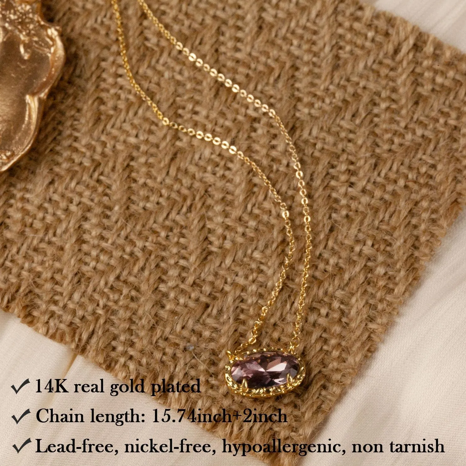 TLY Gold Necklace for Women Non Tarnish 14k Gold Plated Dainty Preppy Pendant Necklace Oval Gemstone Crystal Druzy Stone Rose Quartz Choker Necklace Birthday Wedding Everday Birthstone Jewelry Gifts for Mom