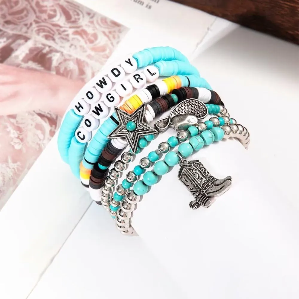 Todu 5 Pcs Western Cowgirl Turquoise Beaded Stretch Cow Boot Feather Charm Bracelets Bohemian Stackable Summer Beach For Women Jewelry Gift