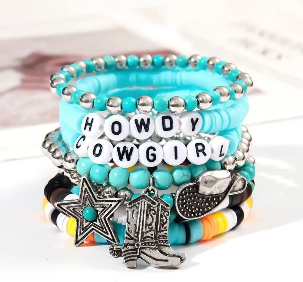 Todu 5 Pcs Western Cowgirl Turquoise Beaded Stretch Cow Boot Feather Charm Bracelets Bohemian Stackable Summer Beach For Women Jewelry Gift