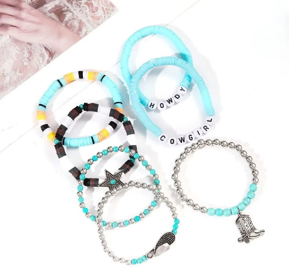 Todu 5 Pcs Western Cowgirl Turquoise Beaded Stretch Cow Boot Feather Charm Bracelets Bohemian Stackable Summer Beach For Women Jewelry Gift