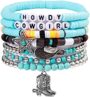 Todu 5 Pcs Western Cowgirl Turquoise Beaded Stretch Cow Boot Feather Charm Bracelets Bohemian Stackable Summer Beach For Women Jewelry Gift