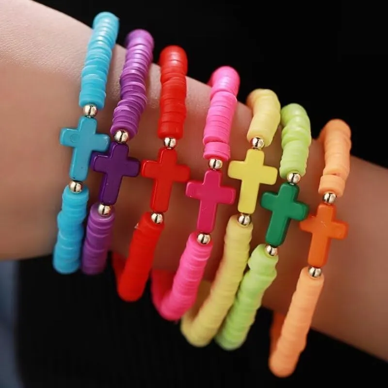 Todu 7Pcs Rainbow Cross Bracelet Heishi Surfer Stackable Clay Beaded Bracelet Layering Colorful Friendship For Women Girls Boho Summer Beach Jewelry Gift